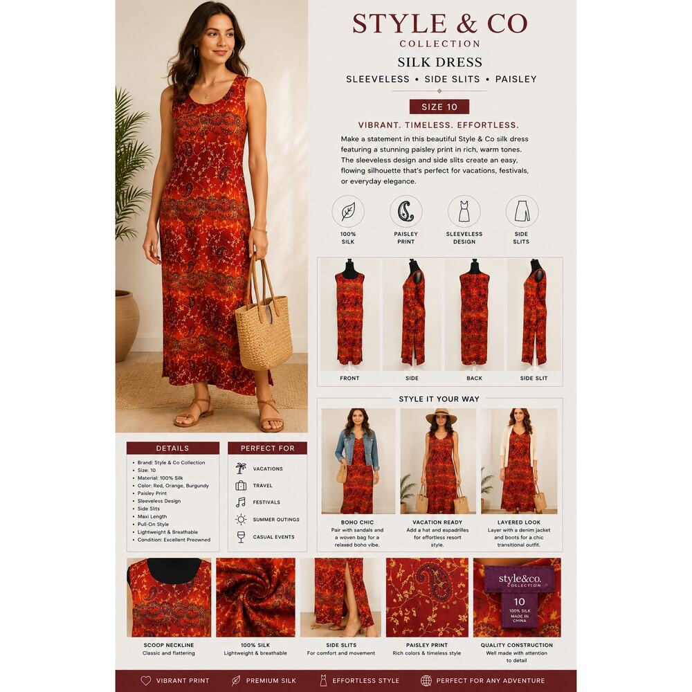 Style & Co Silk Maxi Dress Womens 10 Paisley Sleeveless Side Slit Boho Red